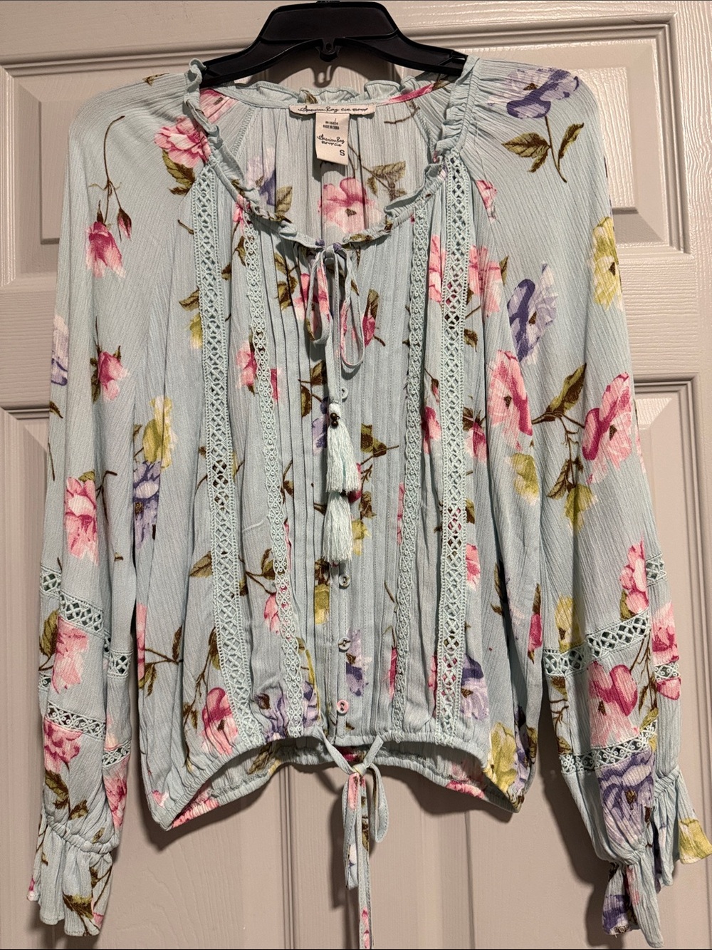 American Rag Light Blue Floral Peasant Top with Tassel Ties